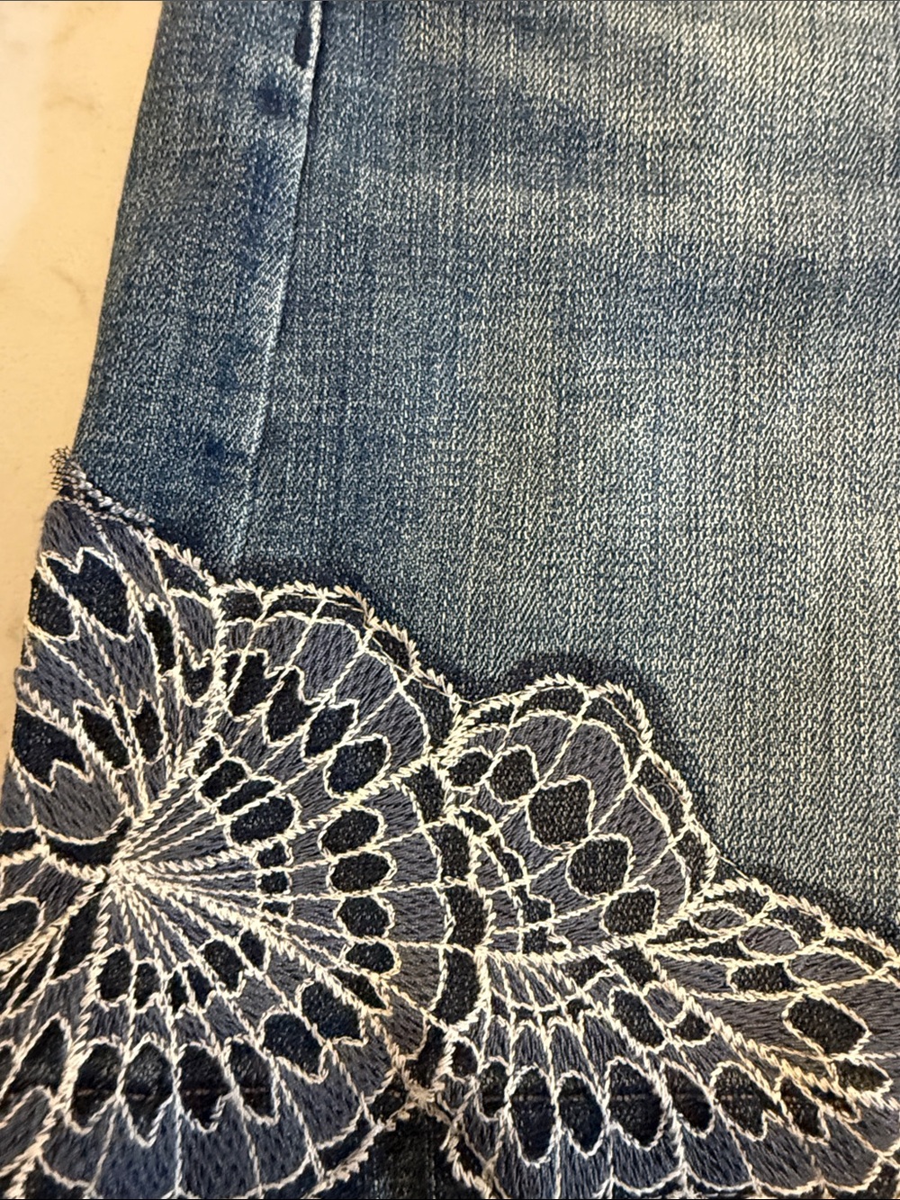White House Black Market Blue Denim Shorts with White Lace Trim - Picture 2 of 4